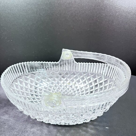 Vtg EAPG Clear Pressed Glass Basket Diamond Pattern Lucite Handle Fruit Candy - Picture 6 of 10